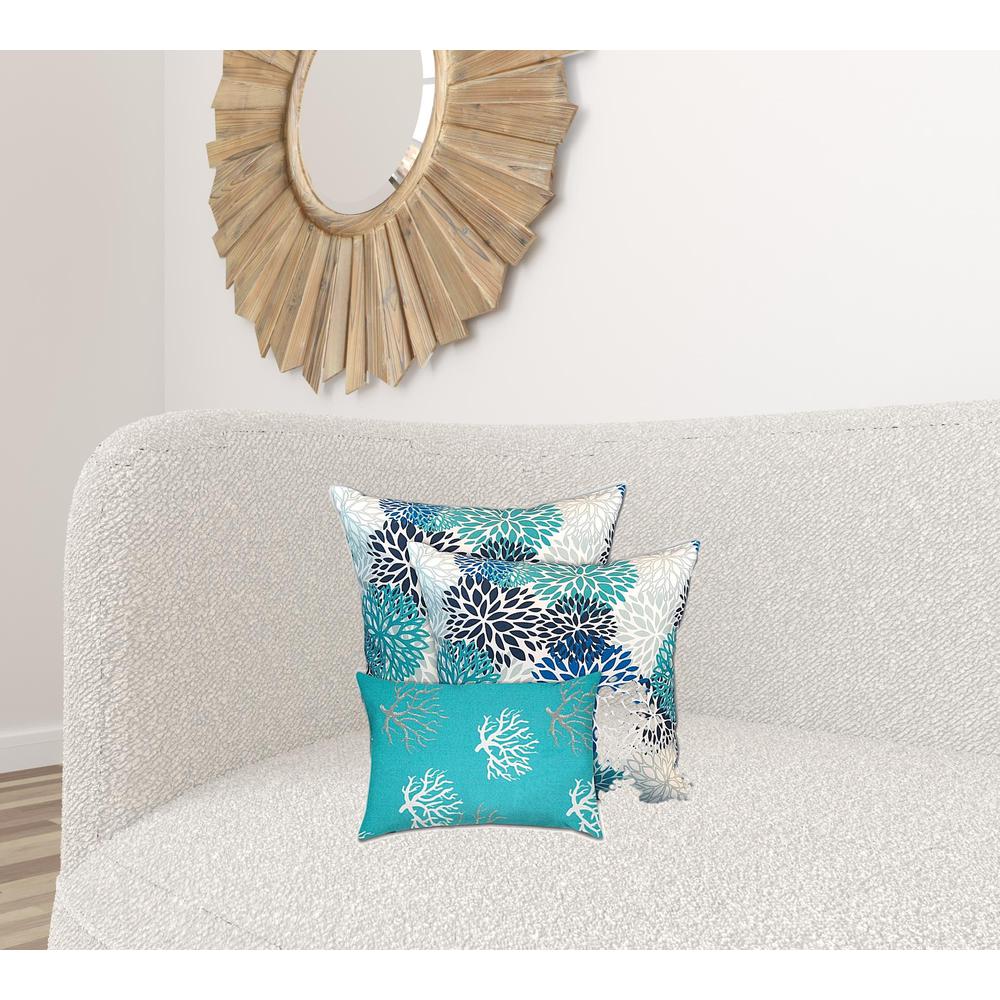 Ocean Blue, White Zippered Floral Throw Indoor Outdoor Pillow Cover. Picture 4