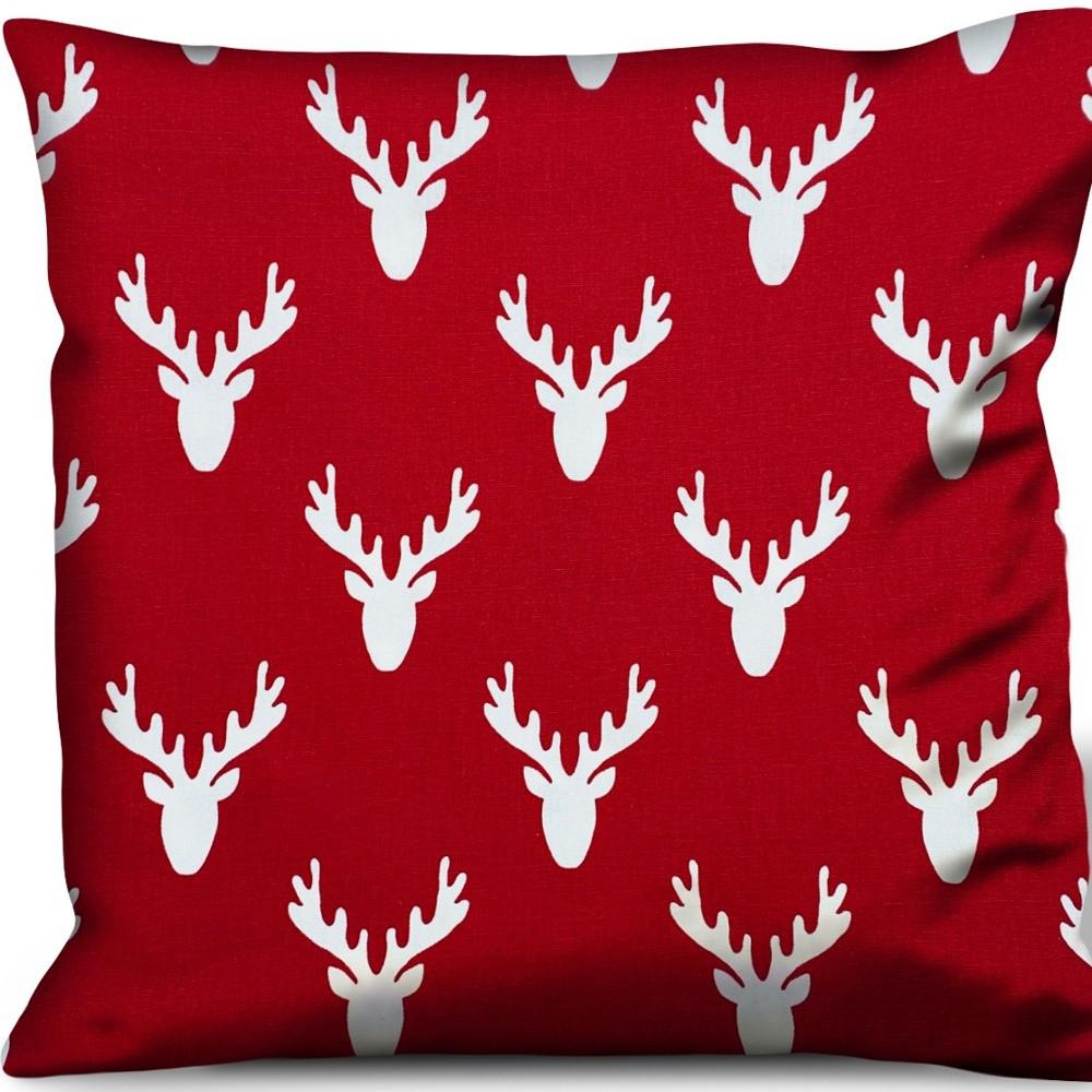 Red Gray, White Reindeer Zippered 100% Cotton Animal Print Throw Pillow Cover. Picture 3