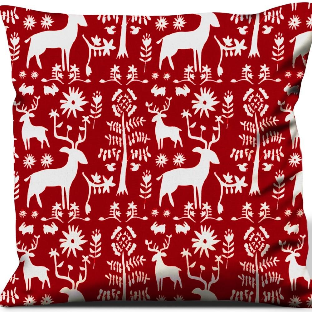 Red Gray, White Reindeer Zippered 100% Cotton Animal Print Lumbar Pillow Cover. Picture 3