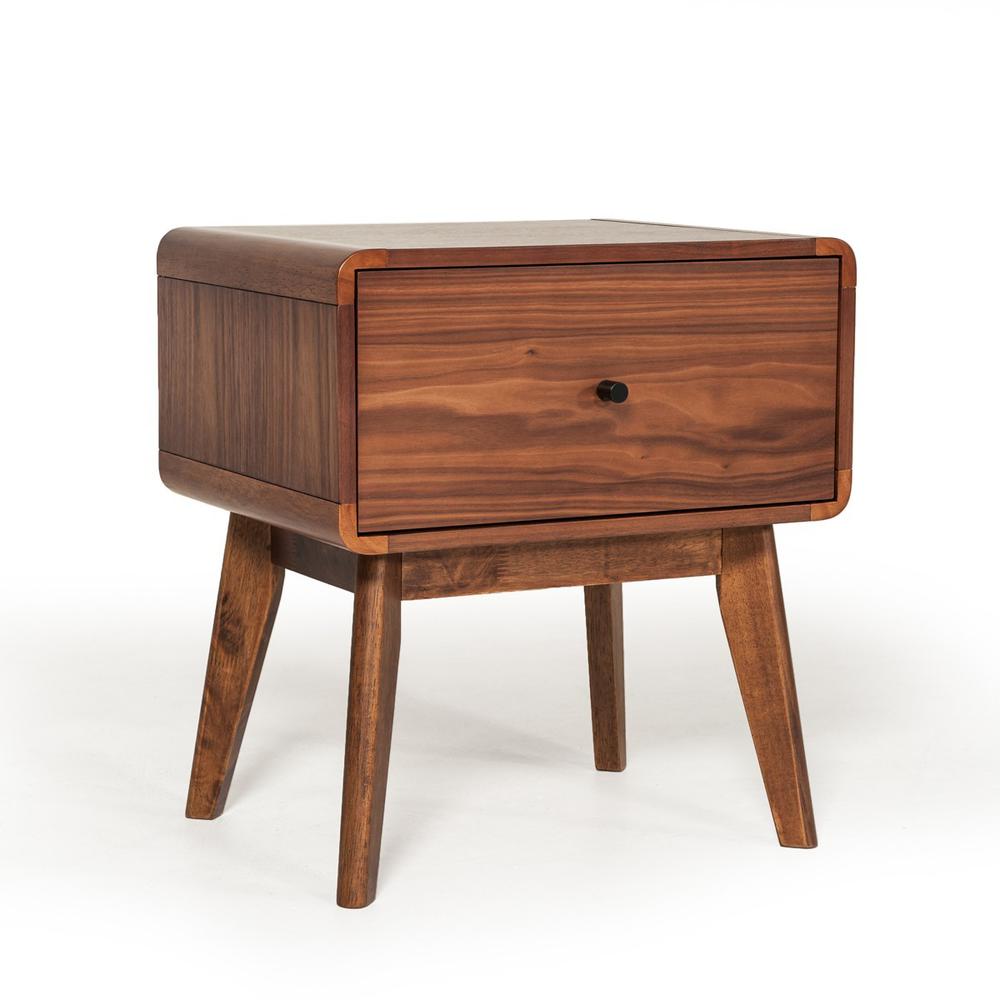 Modern Mid Century Walnut Nightstand with Single Drawer. Picture 2