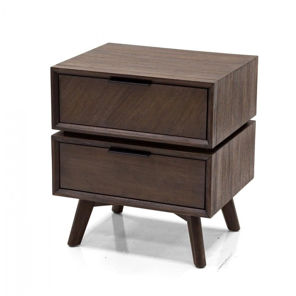 Mid Century Acacia Nightstand with Two Drawers and Black Metal Handles. Picture 2