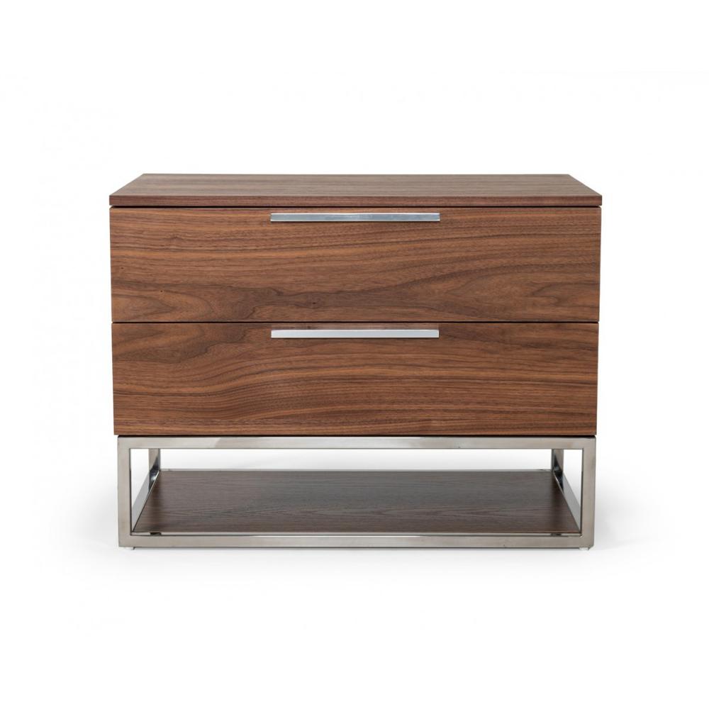 Contemporary Walnut and Stainless Steel Nightstand with Two Drawers. Picture 1
