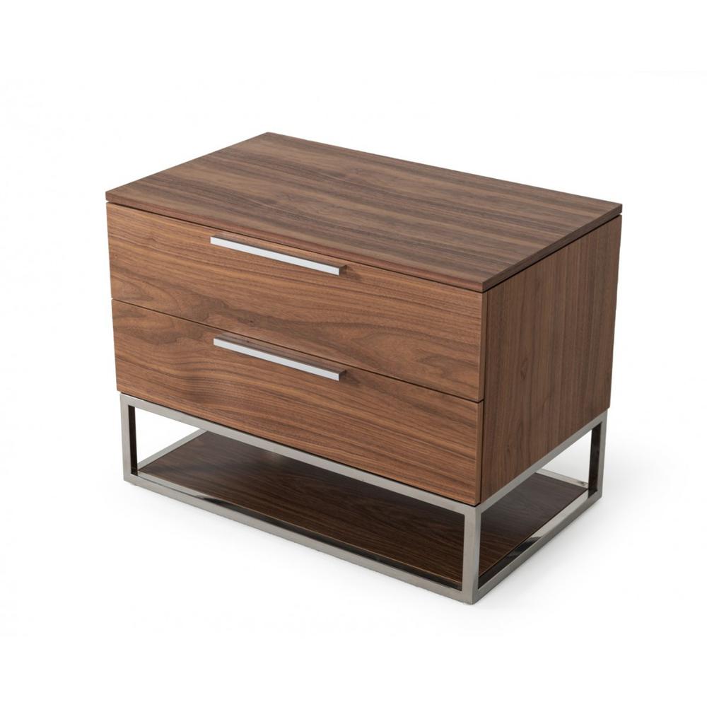 Contemporary Walnut and Stainless Steel Nightstand with Two Drawers. Picture 2