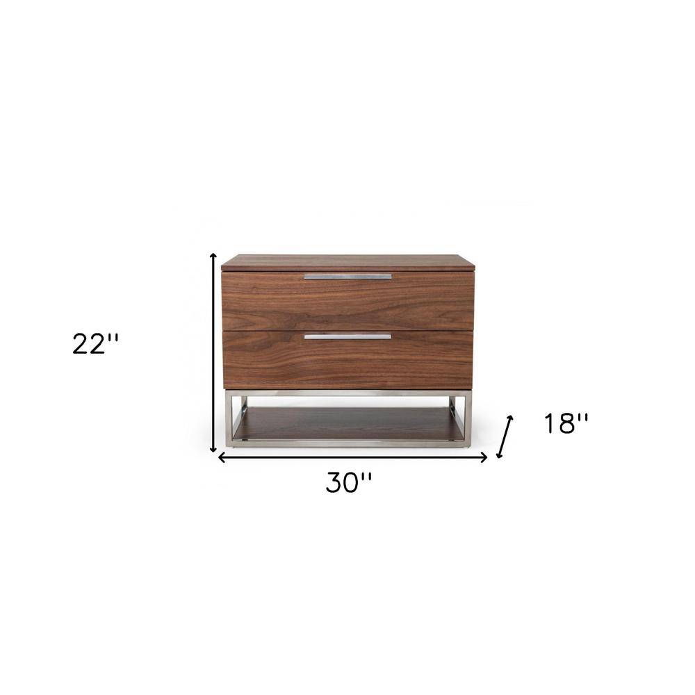 Contemporary Walnut and Stainless Steel Nightstand with Two Drawers. Picture 6