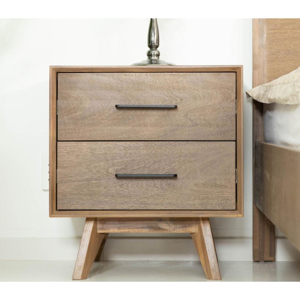 Natural Light Mocha Contemporary Nightstand with Two Drawers. Picture 5