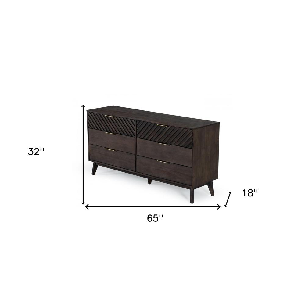 65" Dark Brown Solid Wood Six Drawer Double Dresser. Picture 7