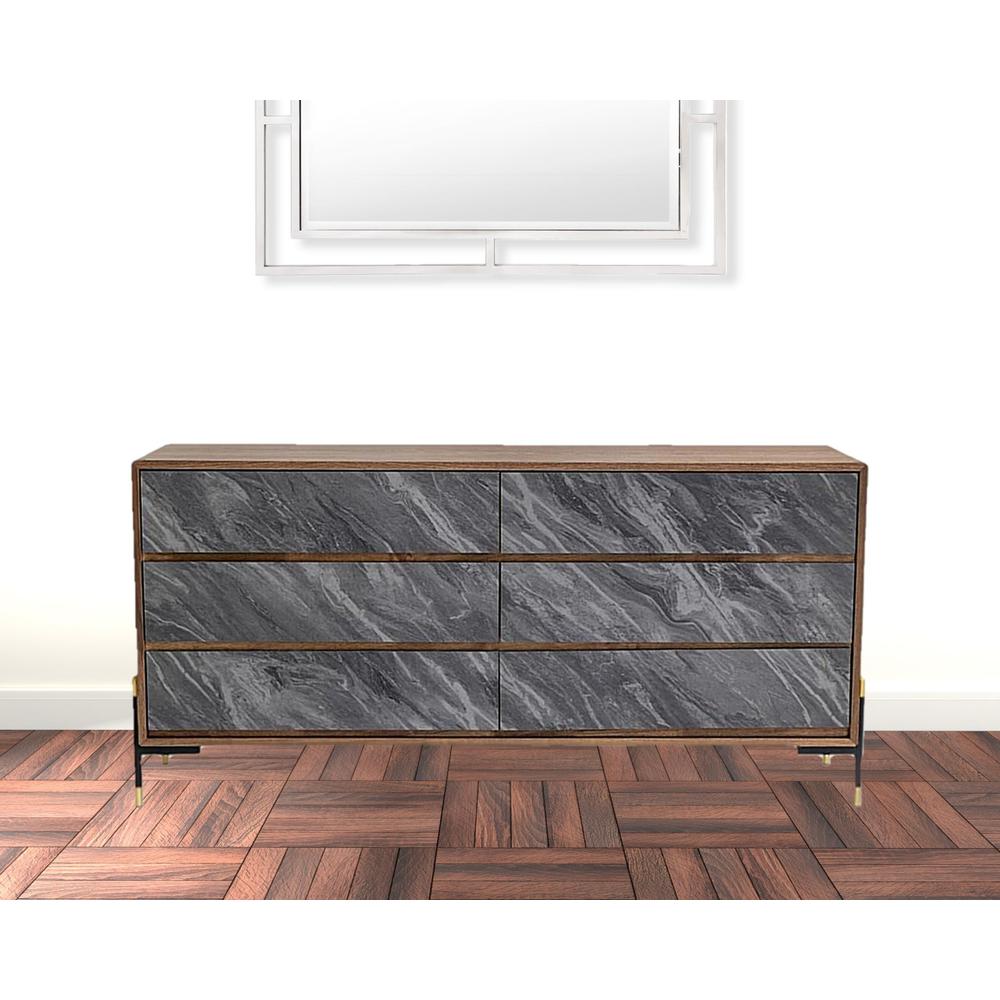 63" Walnut And Grey Faux Marble Wood Six Drawer Double Dresser. Picture 3