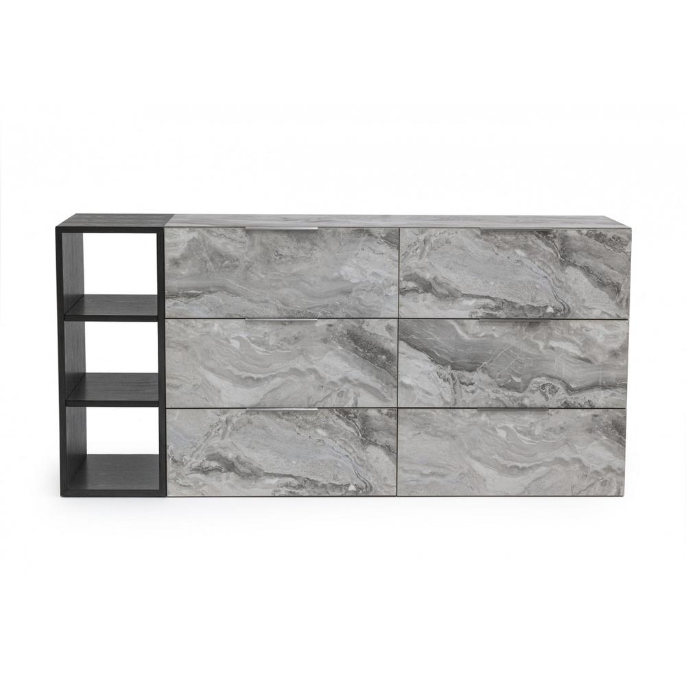 63" Grey Faux Marble and Black Wood Six Drawer Double Dresser. Picture 1