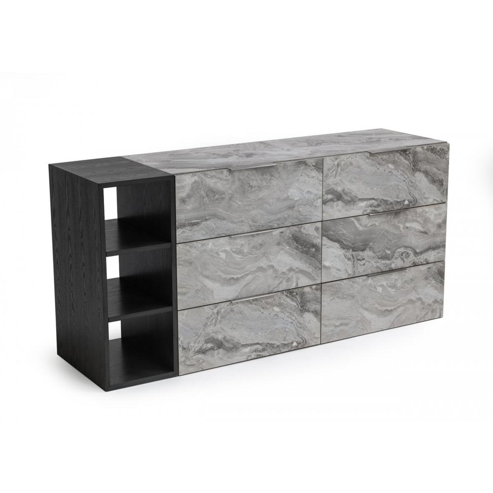 63" Grey Faux Marble and Black Wood Six Drawer Double Dresser. Picture 2