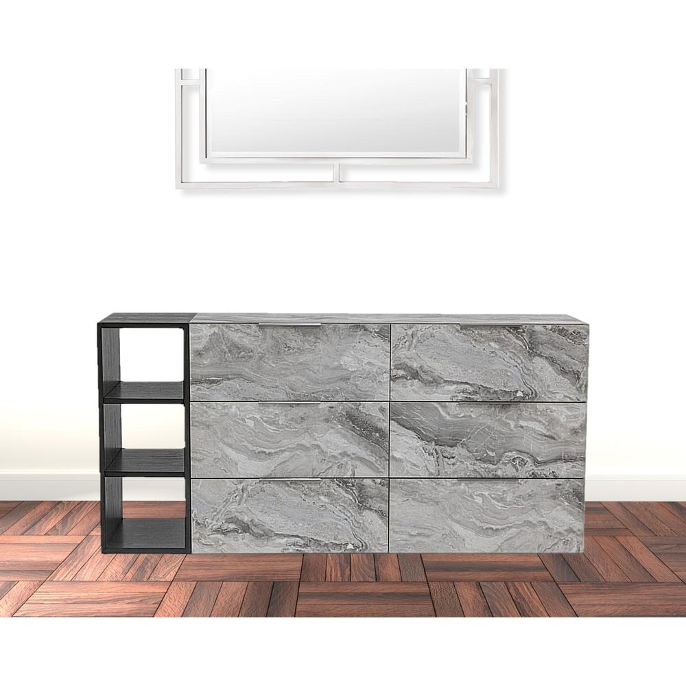 63" Grey Faux Marble and Black Wood Six Drawer Double Dresser. Picture 3
