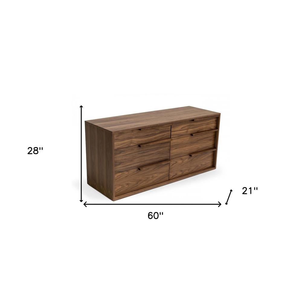 60" Walnut Manufactured Wood Six Drawer Double Dresser. Picture 5