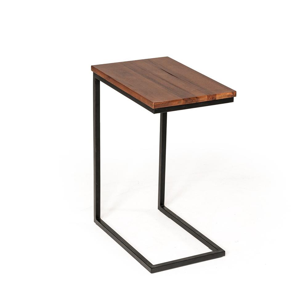 Modern Rustic Brown Aged Oak Wood and Metal C Shape Snack Table. Picture 2