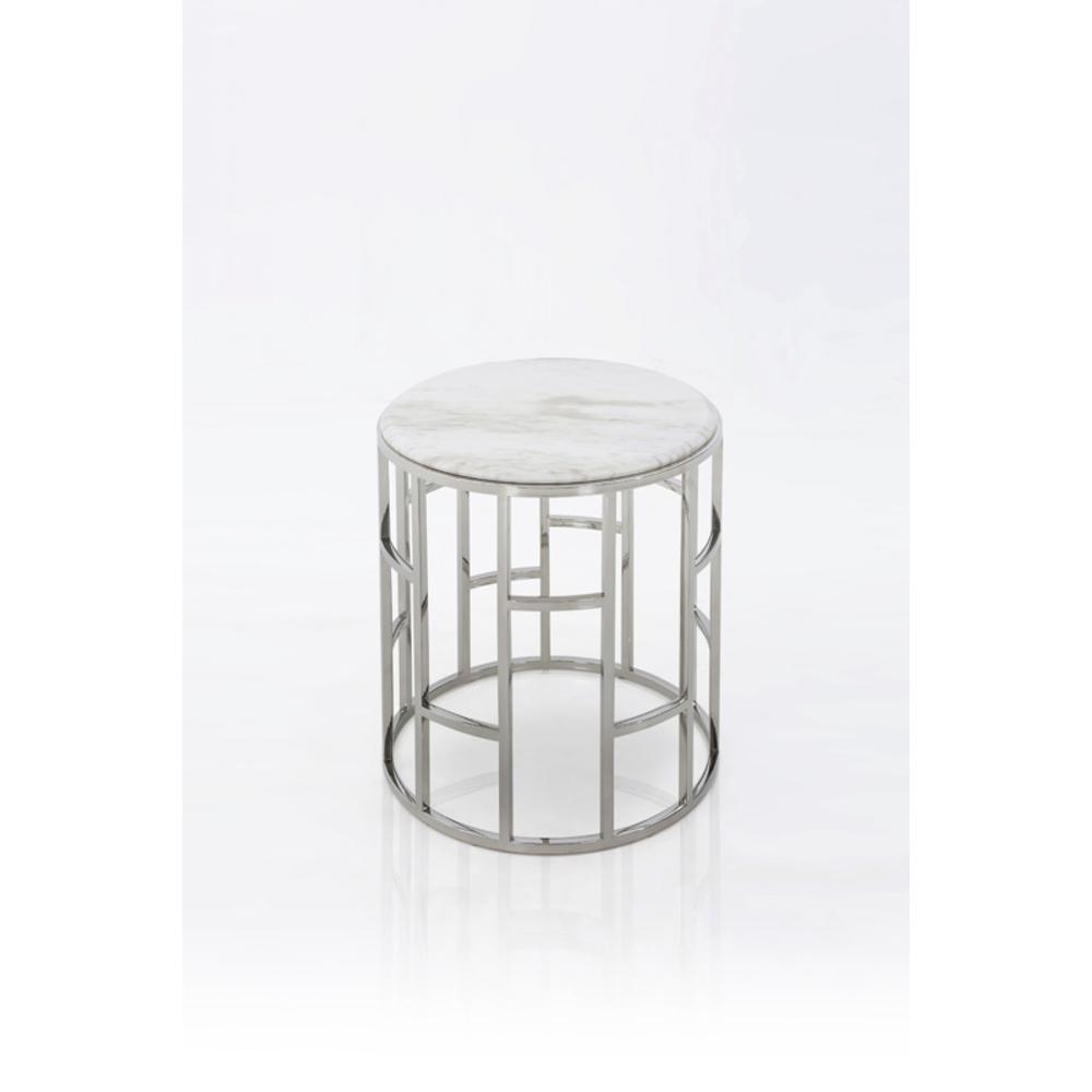 Stylish Silver And White Marble Round Geometric End or Side Table. Picture 1