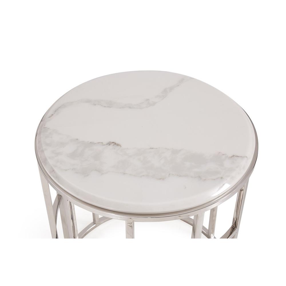 Stylish Silver And White Marble Round Geometric End or Side Table. Picture 2