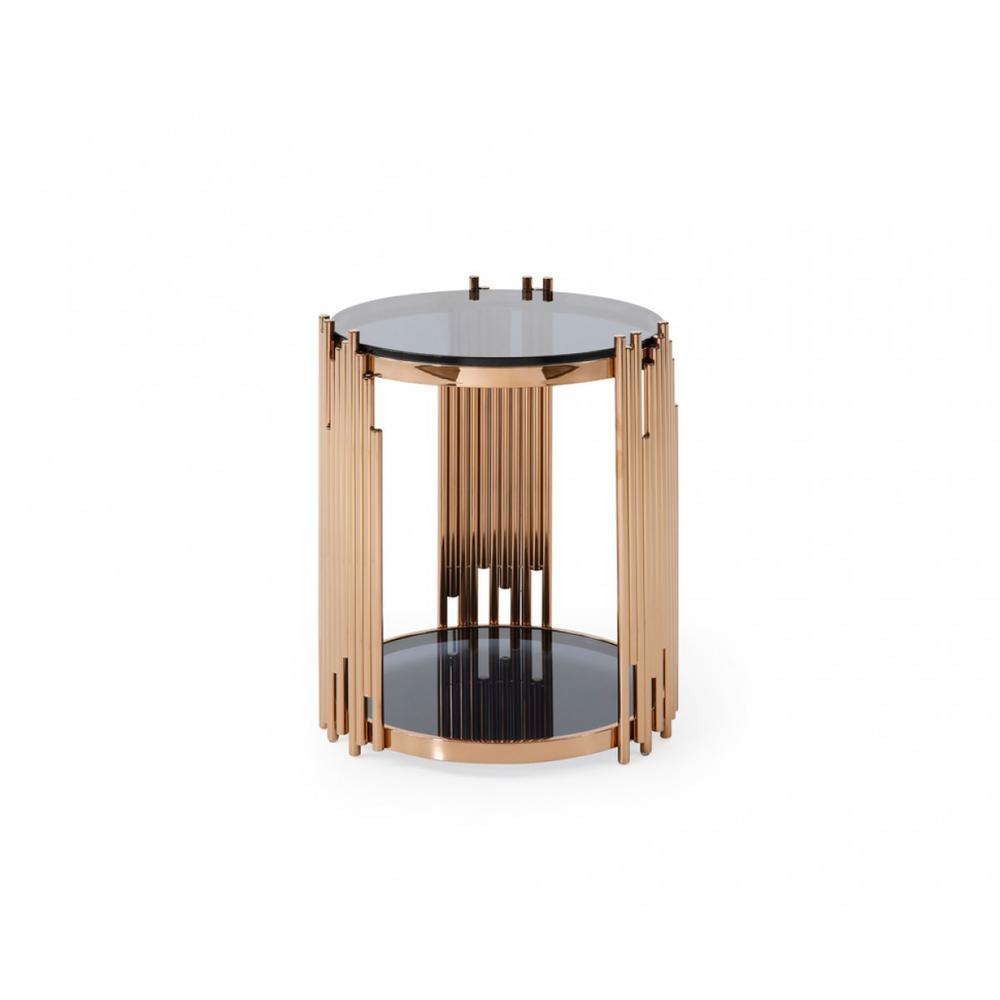 Stylish Round Rose Gold And Smoked Glass End Table. Picture 3