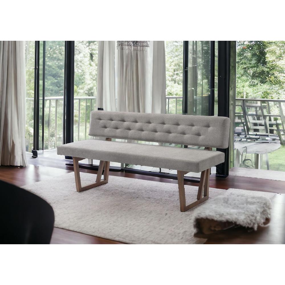 63" Gray and Brown Upholstered Linen Blend Dining Bench. Picture 5
