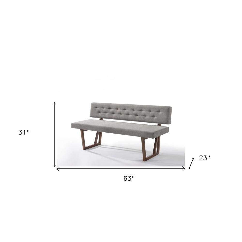 63" Gray and Brown Upholstered Linen Blend Dining Bench. Picture 8