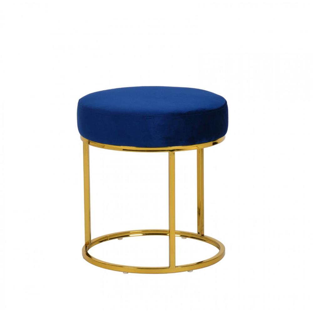 16" Blue Velvet And Gold Round Footstool Ottoman. Picture 1