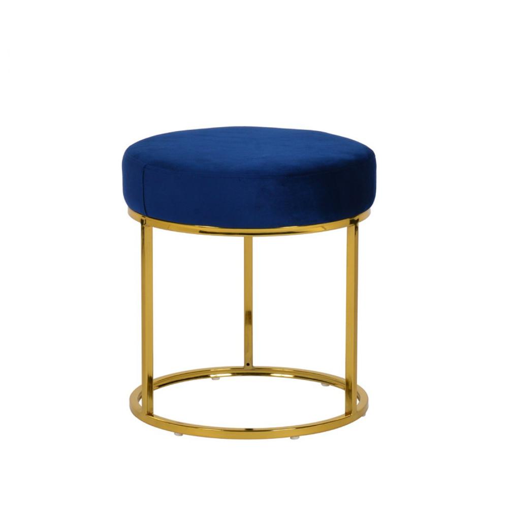 16" Blue Velvet And Gold Round Footstool Ottoman. Picture 2