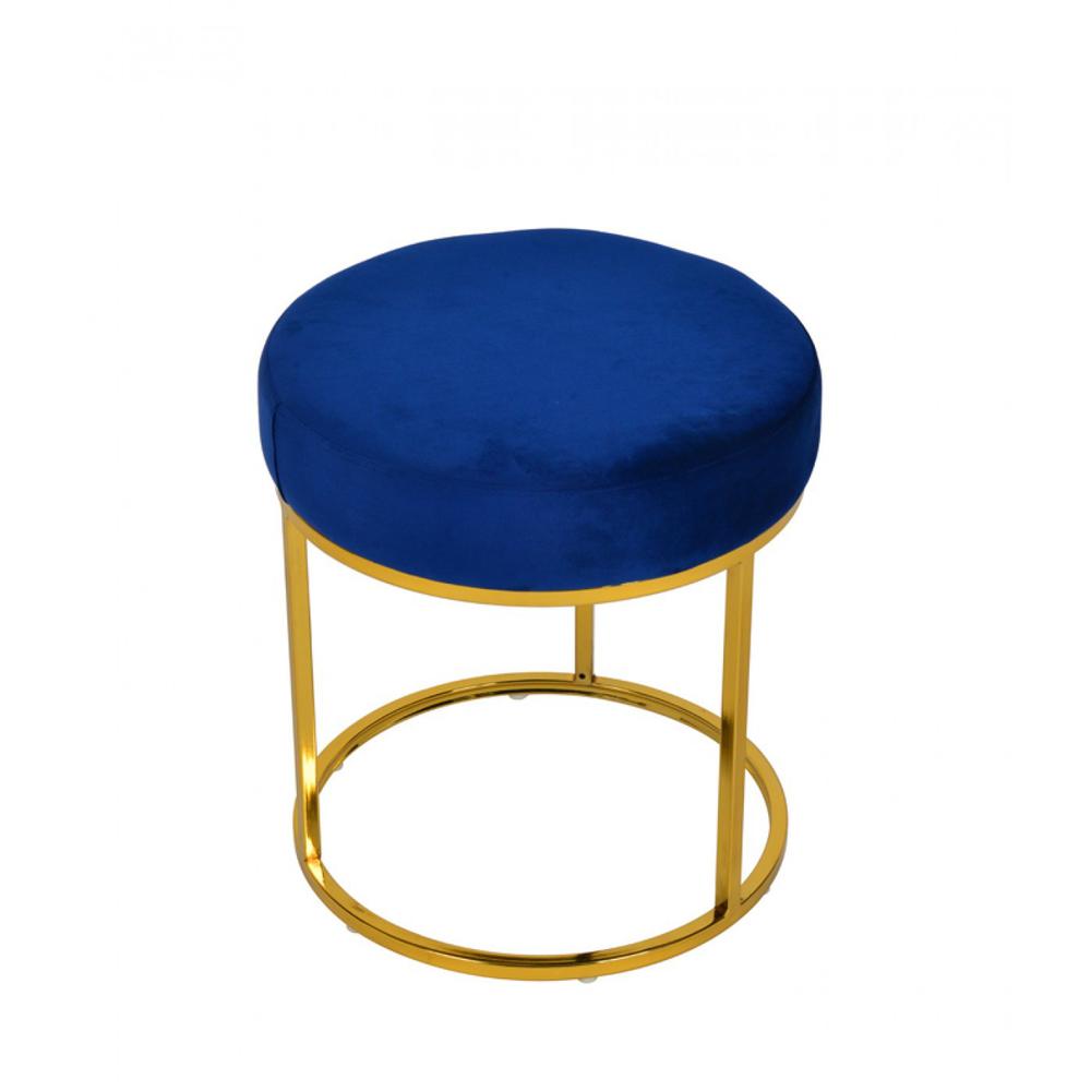 16" Blue Velvet And Gold Round Footstool Ottoman. Picture 3