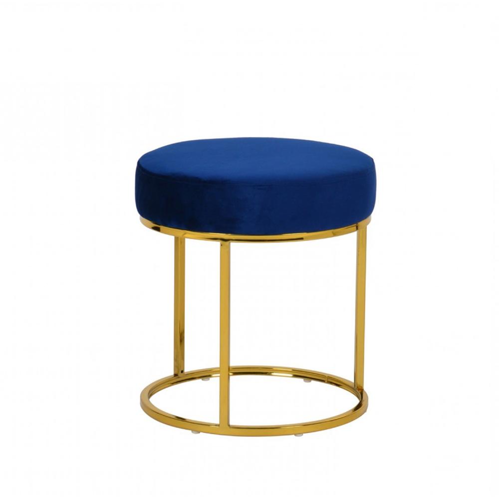 16" Blue Velvet And Gold Round Footstool Ottoman. Picture 4