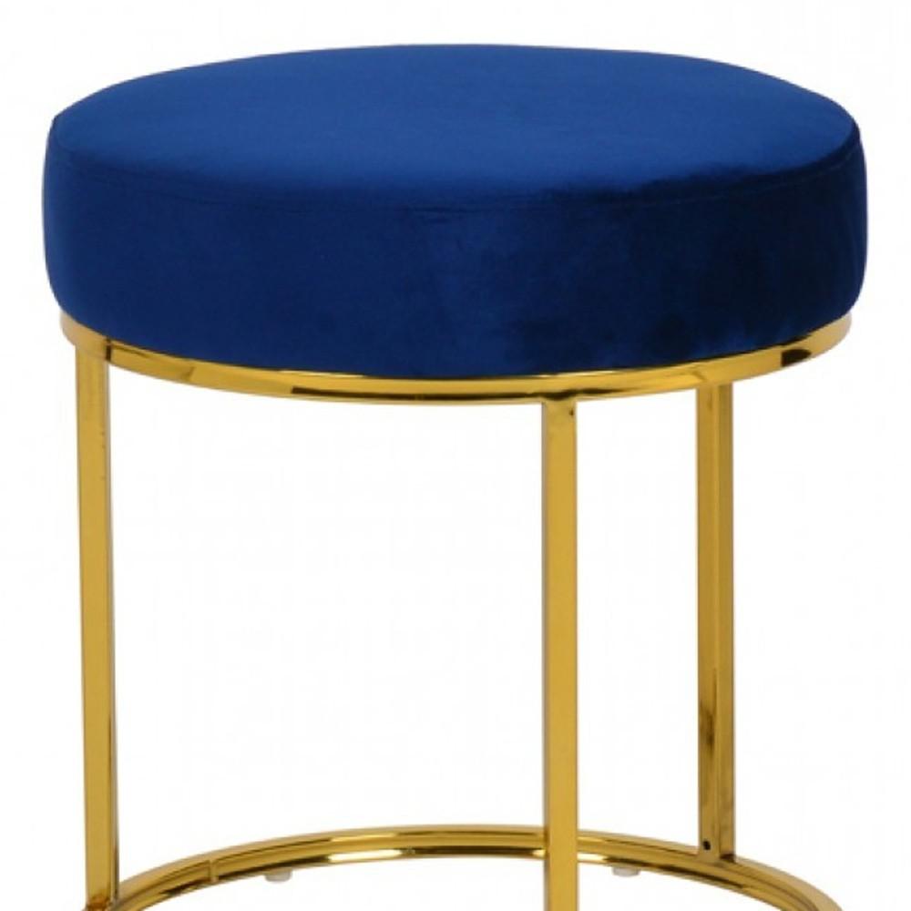 16" Blue Velvet And Gold Round Footstool Ottoman. Picture 5
