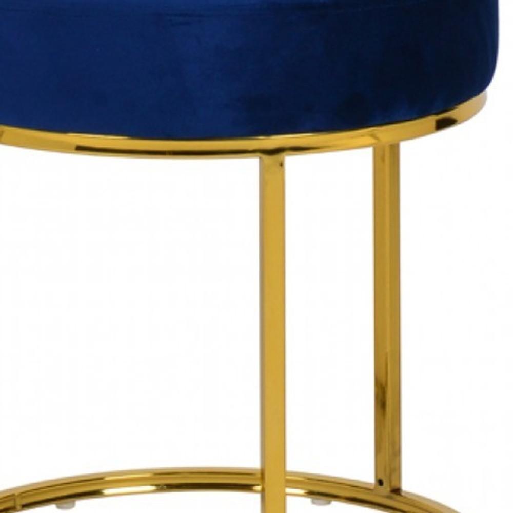 16" Blue Velvet And Gold Round Footstool Ottoman. Picture 6