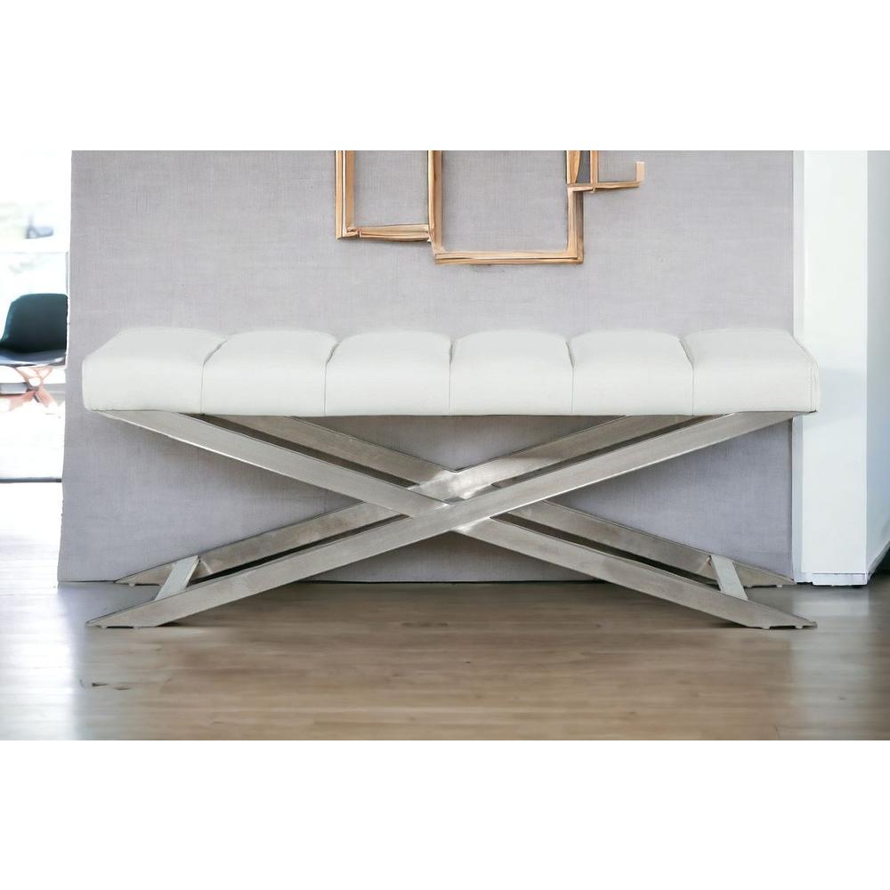 47" White and Silver Upholstered Faux Leather Dining Bench. Picture 2