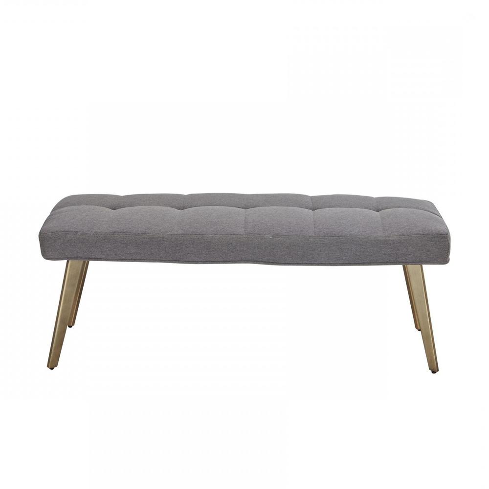 47" Gray and Antiqued Brass Upholstered Linen Blend Dining Bench. Picture 7