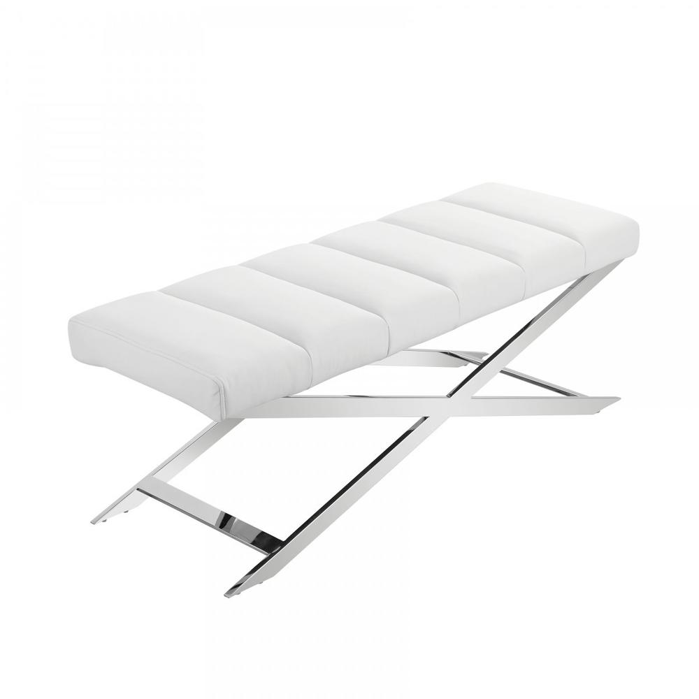 47" White and Silver Upholstered Faux Leather Dining Bench. Picture 3