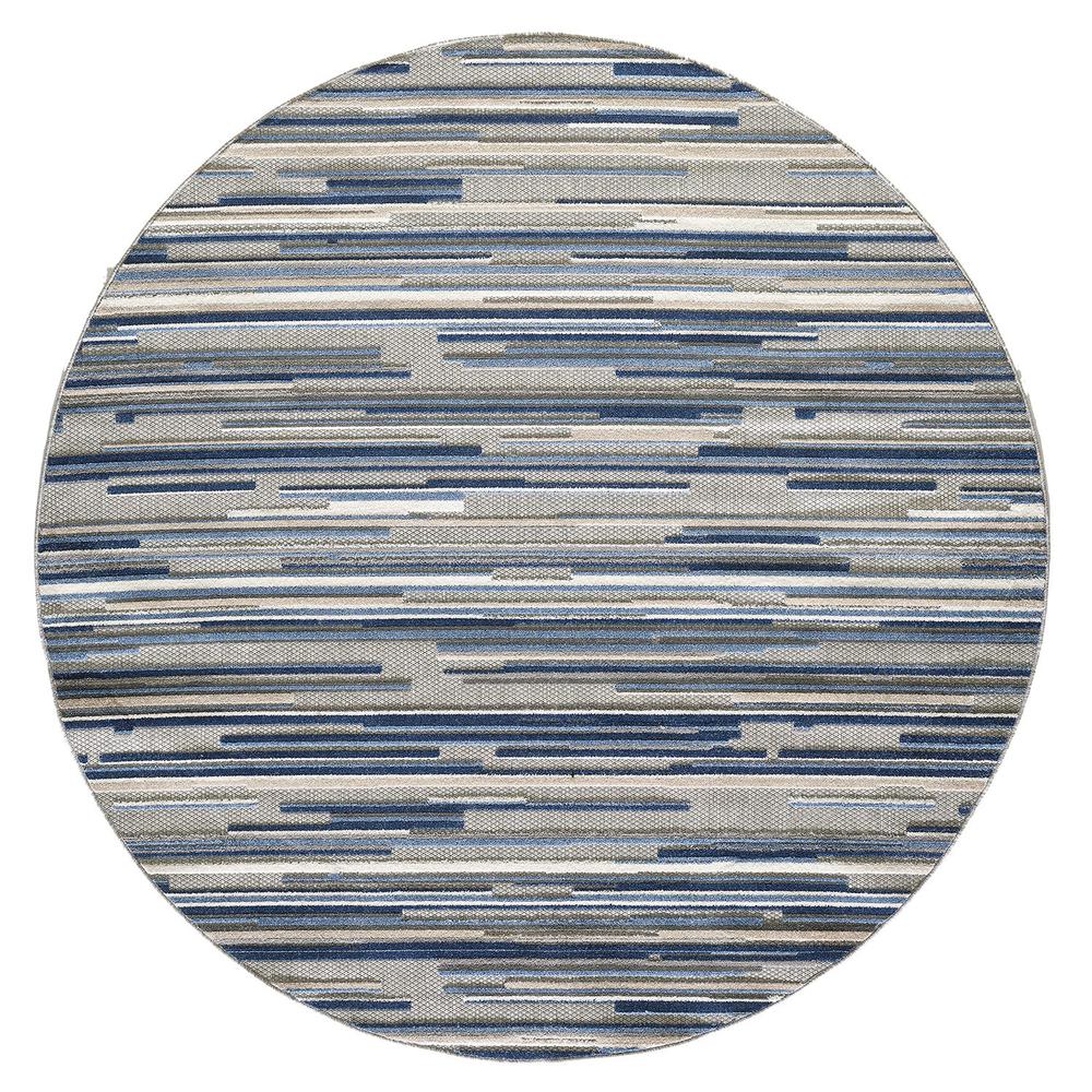 8’ Round Blue Abstract Striped Indoor Outdoor Area Rug. Picture 2