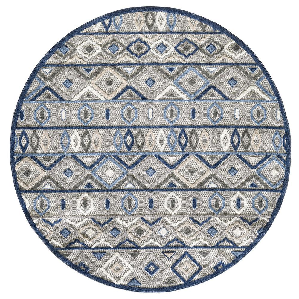 8' Round Blue And Gray Round Abstract Stain Resistant Indoor Outdoor Area Rug. Picture 2