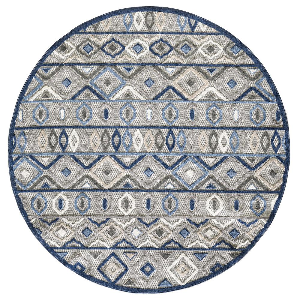 8' Round Blue And Gray Round Abstract Stain Resistant Indoor Outdoor Area Rug. Picture 1