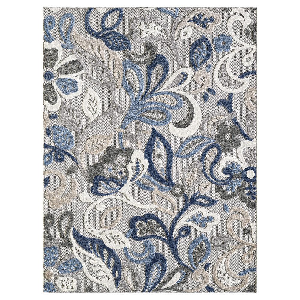3’ x 5’ Blue Gray Jacobean Floral Indoor Outdoor Area Rug. Picture 1