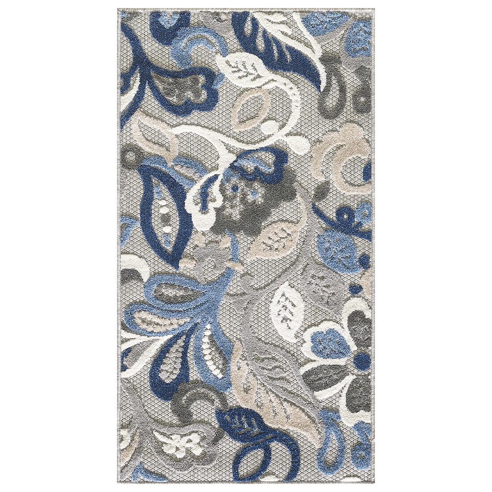 3’ x 5’ Blue Gray Jacobean Floral Indoor Outdoor Area Rug. Picture 3