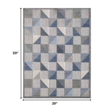3' X 5' Blue And Gray Geometric Stain Resistant Indoor Outdoor Area Rug. Picture 6