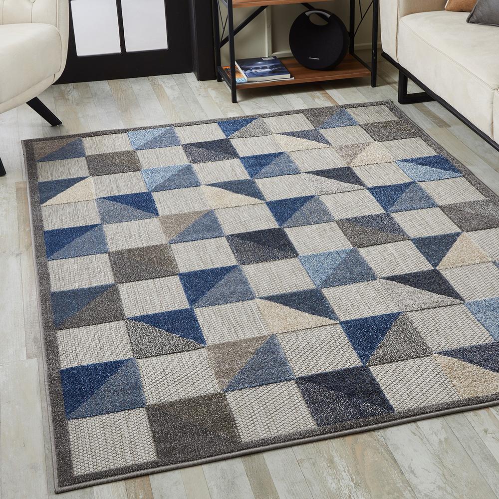 3' X 5' Blue And Gray Geometric Stain Resistant Indoor Outdoor Area Rug. Picture 4