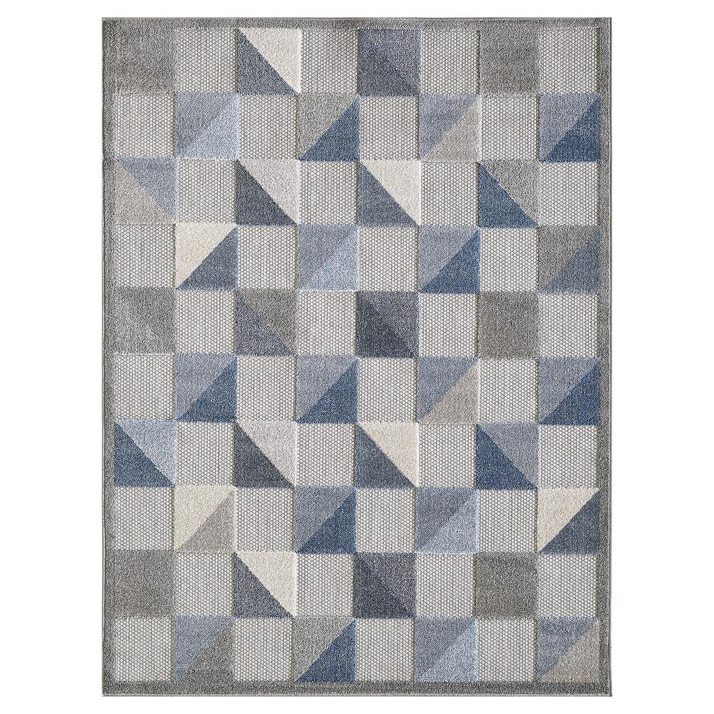 5' X 7' Blue And Gray Geometric Stain Resistant Indoor Outdoor Area Rug. Picture 1