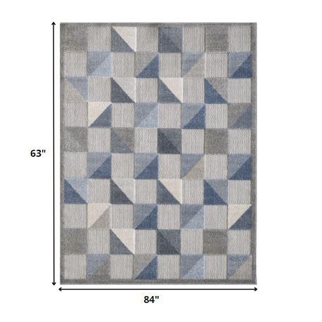 5' X 7' Blue And Gray Geometric Stain Resistant Indoor Outdoor Area Rug. Picture 6