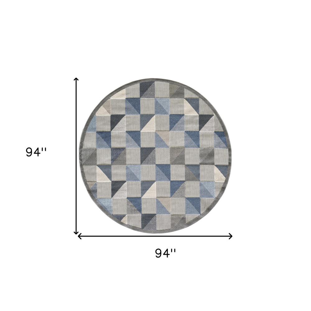 8' Round Blue And Gray Round Geometric Stain Resistant Indoor Outdoor Area Rug. Picture 4