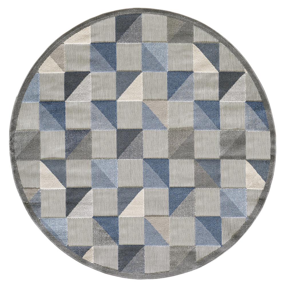 8' Round Blue And Gray Round Geometric Stain Resistant Indoor Outdoor Area Rug. Picture 1