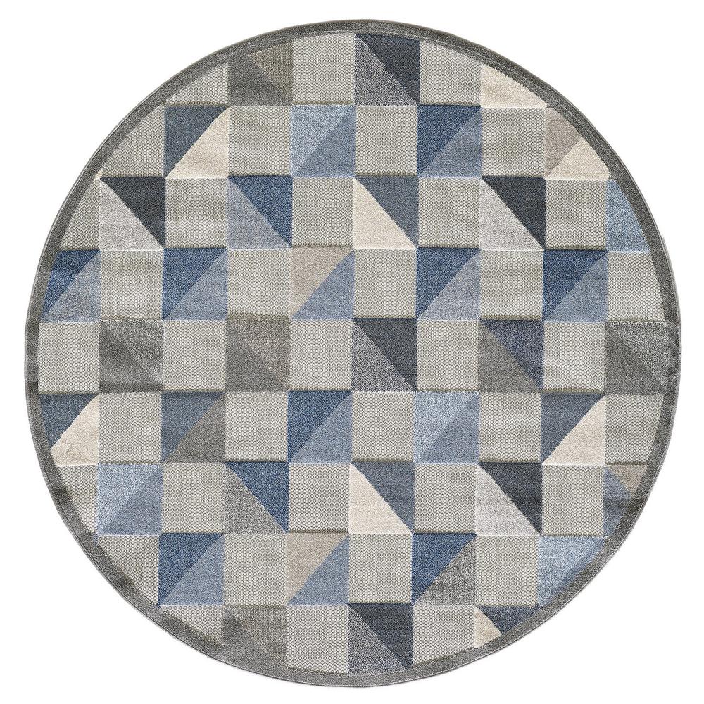 8' Round Blue And Gray Round Geometric Stain Resistant Indoor Outdoor Area Rug. Picture 2