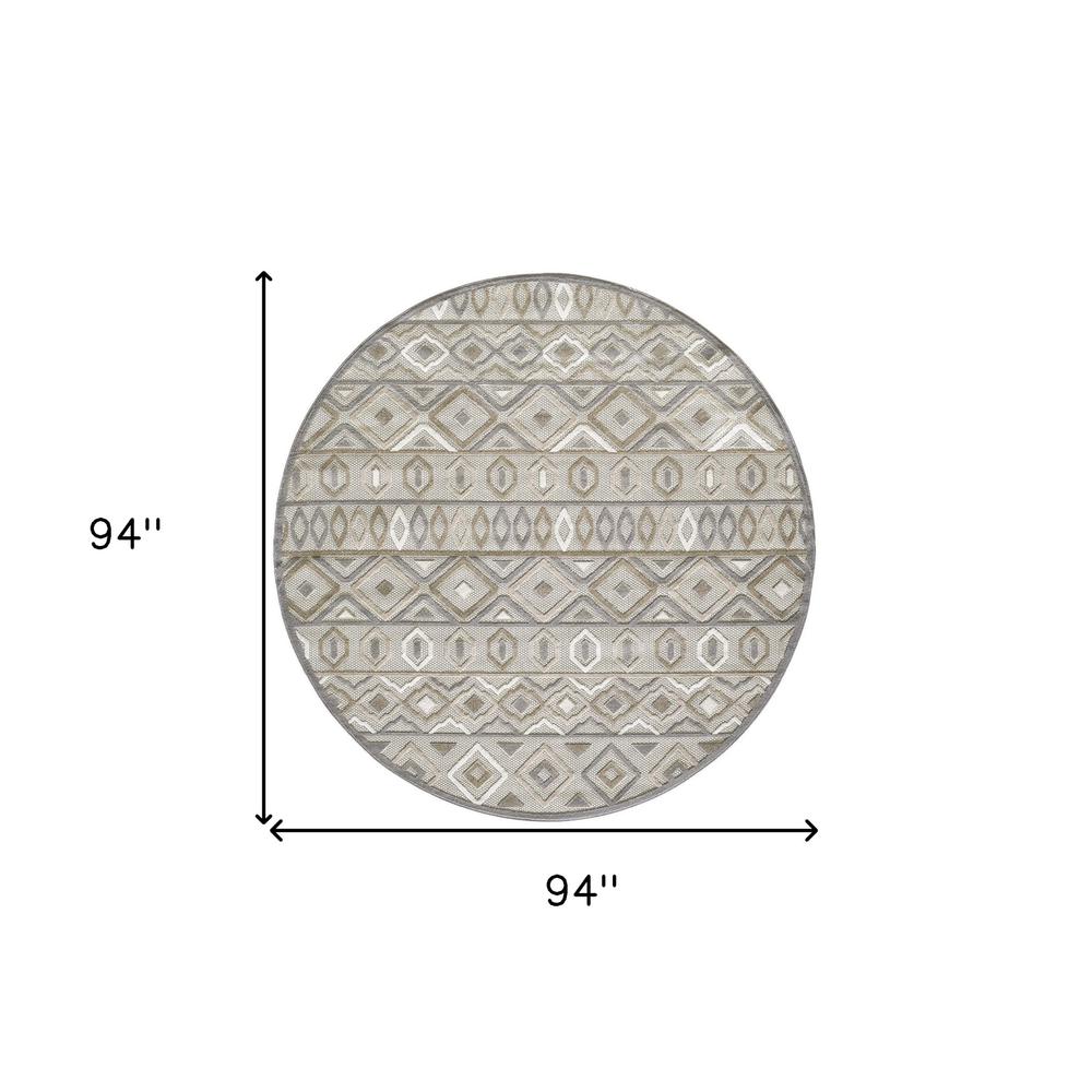 8' Round Gray, Ivory Round Southwestern Stain Resistant Indoor Outdoor Area Rug. Picture 4