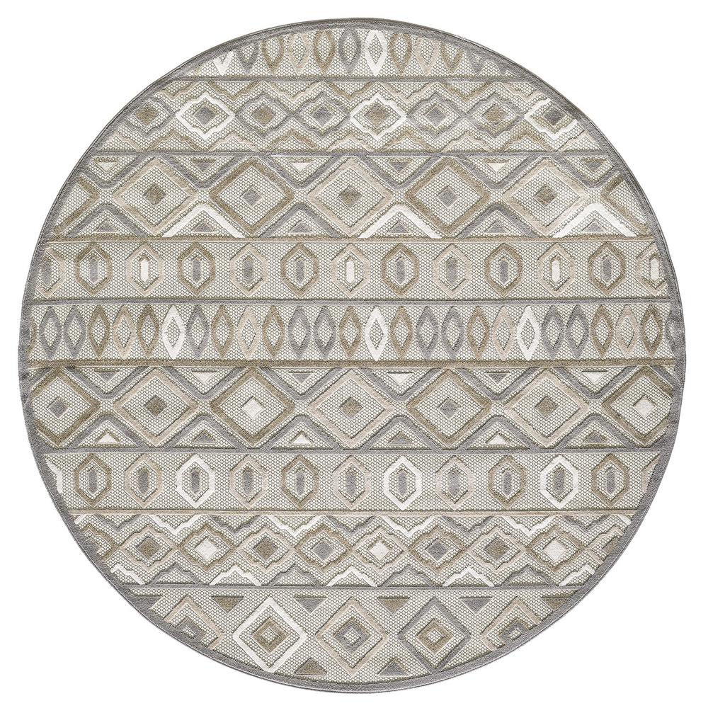 8' Round Gray, Ivory Round Southwestern Stain Resistant Indoor Outdoor Area Rug. Picture 1