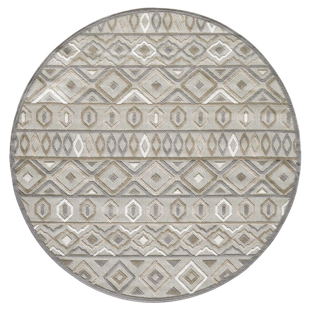 8' Round Gray, Ivory Round Southwestern Stain Resistant Indoor Outdoor Area Rug. Picture 2