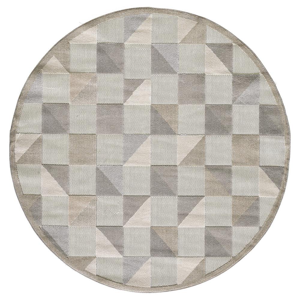 8' Round Gray Round Geometric Stain Resistant Indoor Outdoor Area Rug. Picture 2