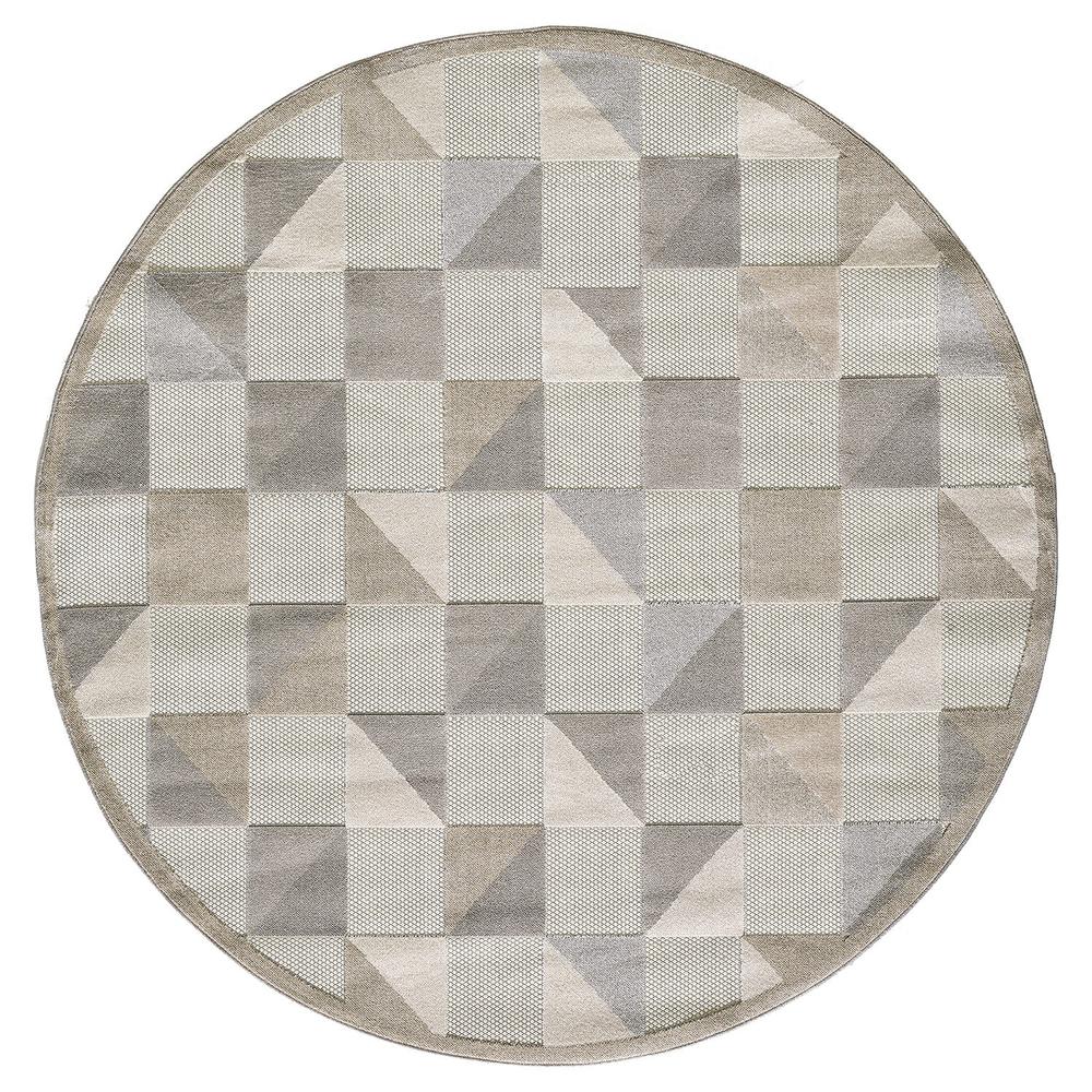 8' Round Gray Round Geometric Stain Resistant Indoor Outdoor Area Rug. Picture 1