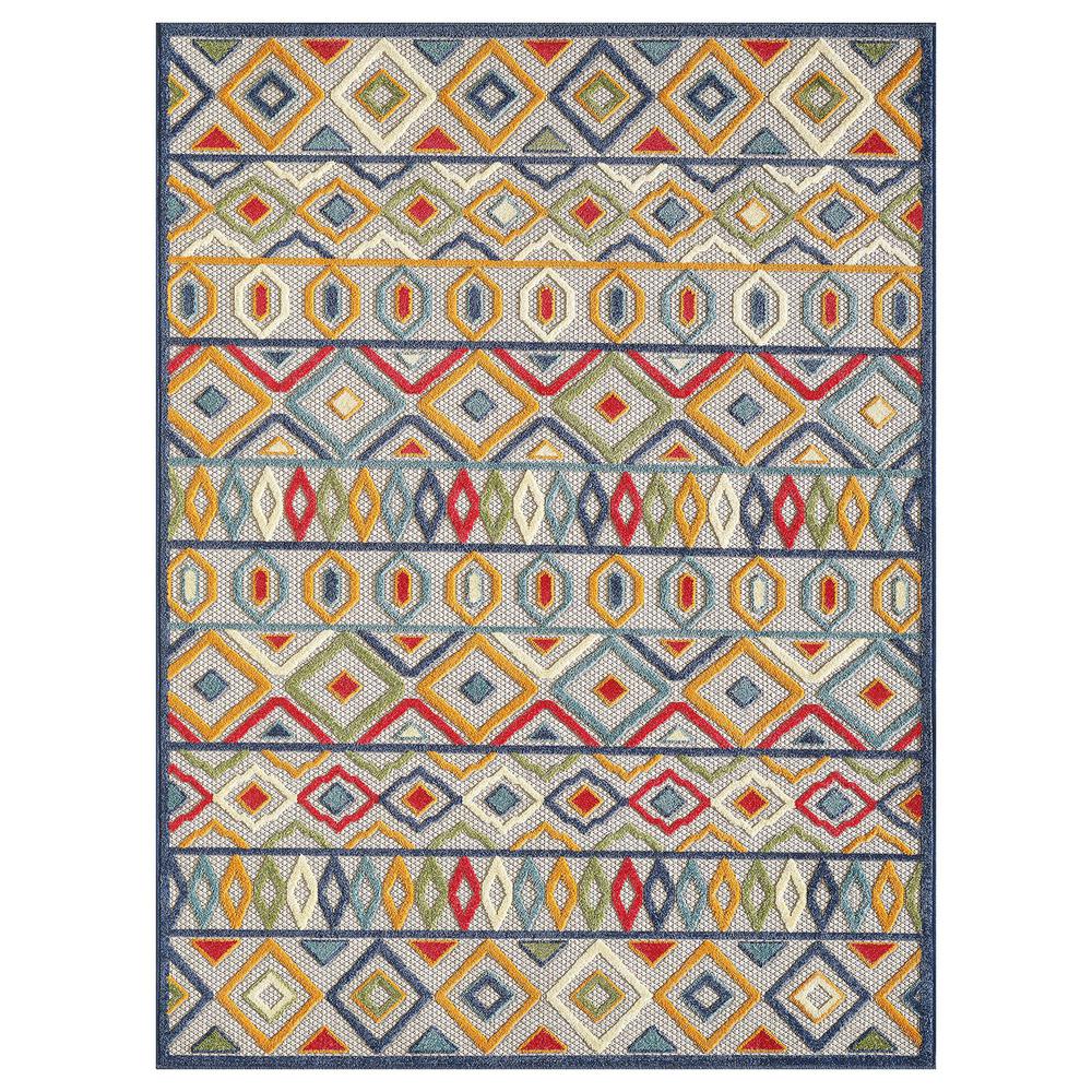7' X 9' Ivory And Blue Southwestern Stain Resistant Indoor Outdoor Area Rug. Picture 1