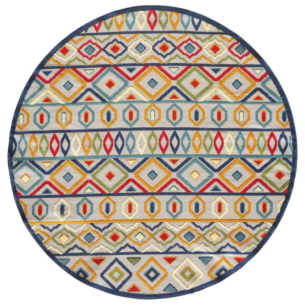 8' Round Ivory, Blue Round Southwestern Stain Resistant Indoor Outdoor Area Rug. Picture 2