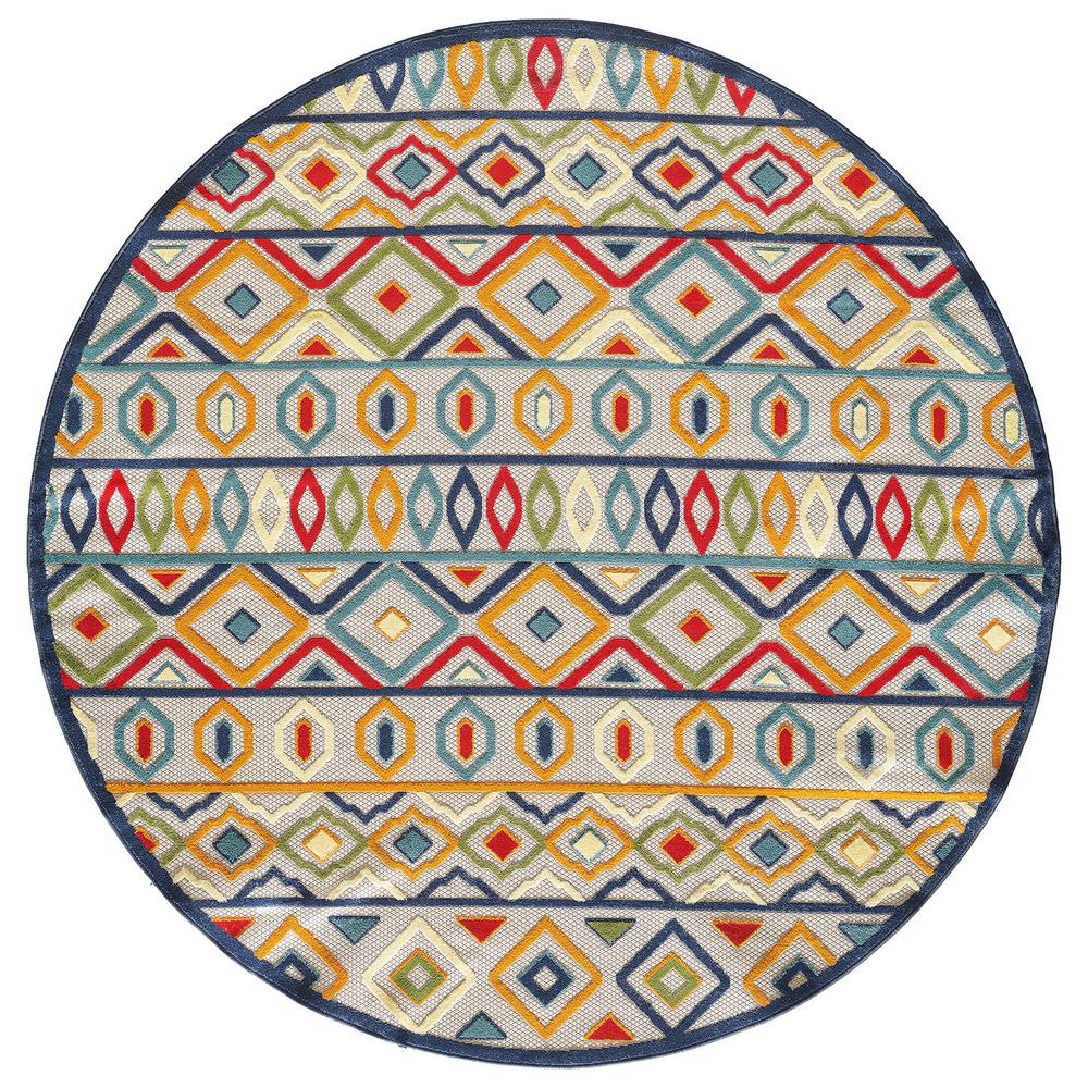 8' Round Ivory, Blue Round Southwestern Stain Resistant Indoor Outdoor Area Rug. Picture 1